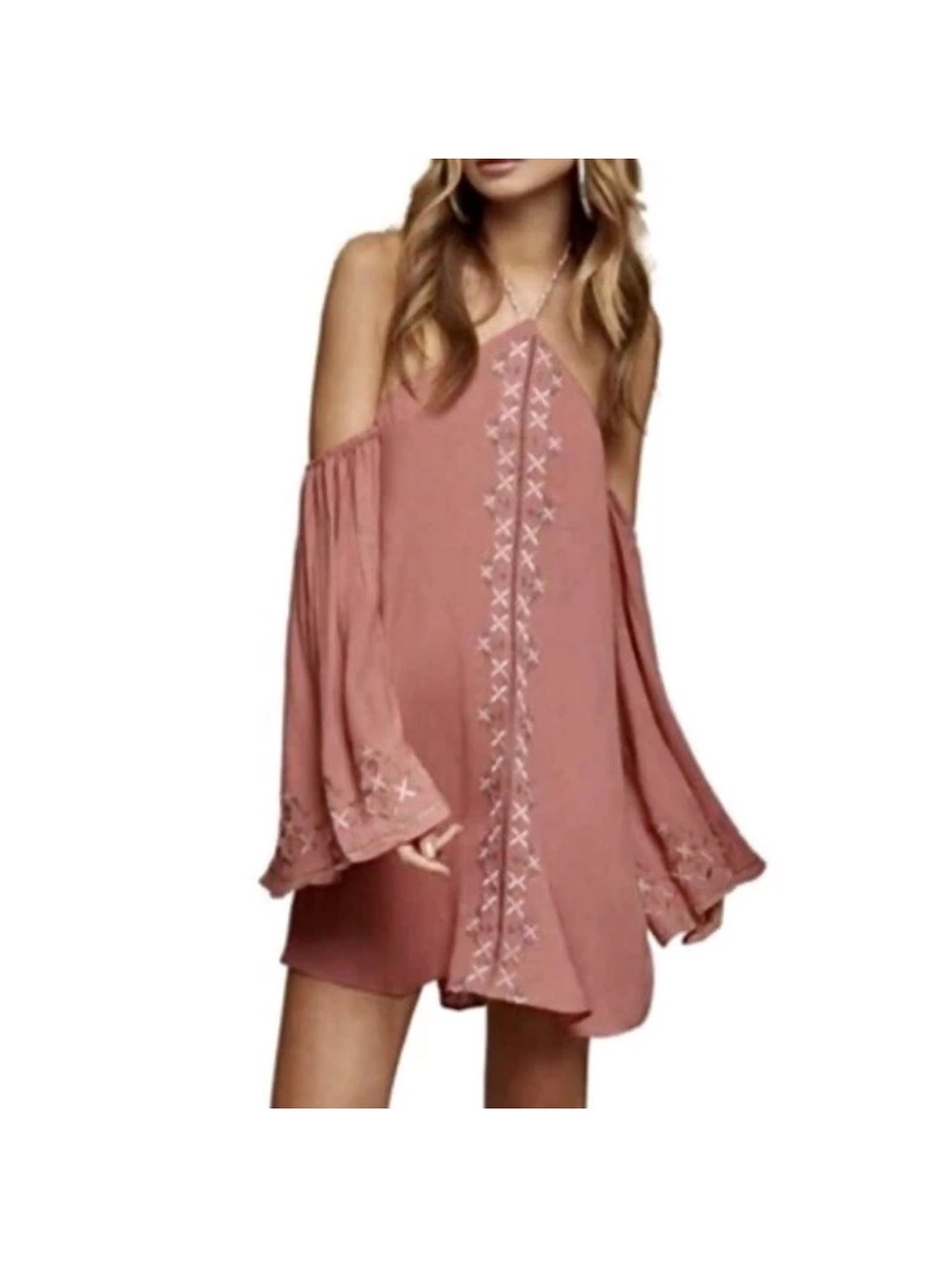 Embroidered Cold-Shoulder Mini Dress in Dusty Rose
